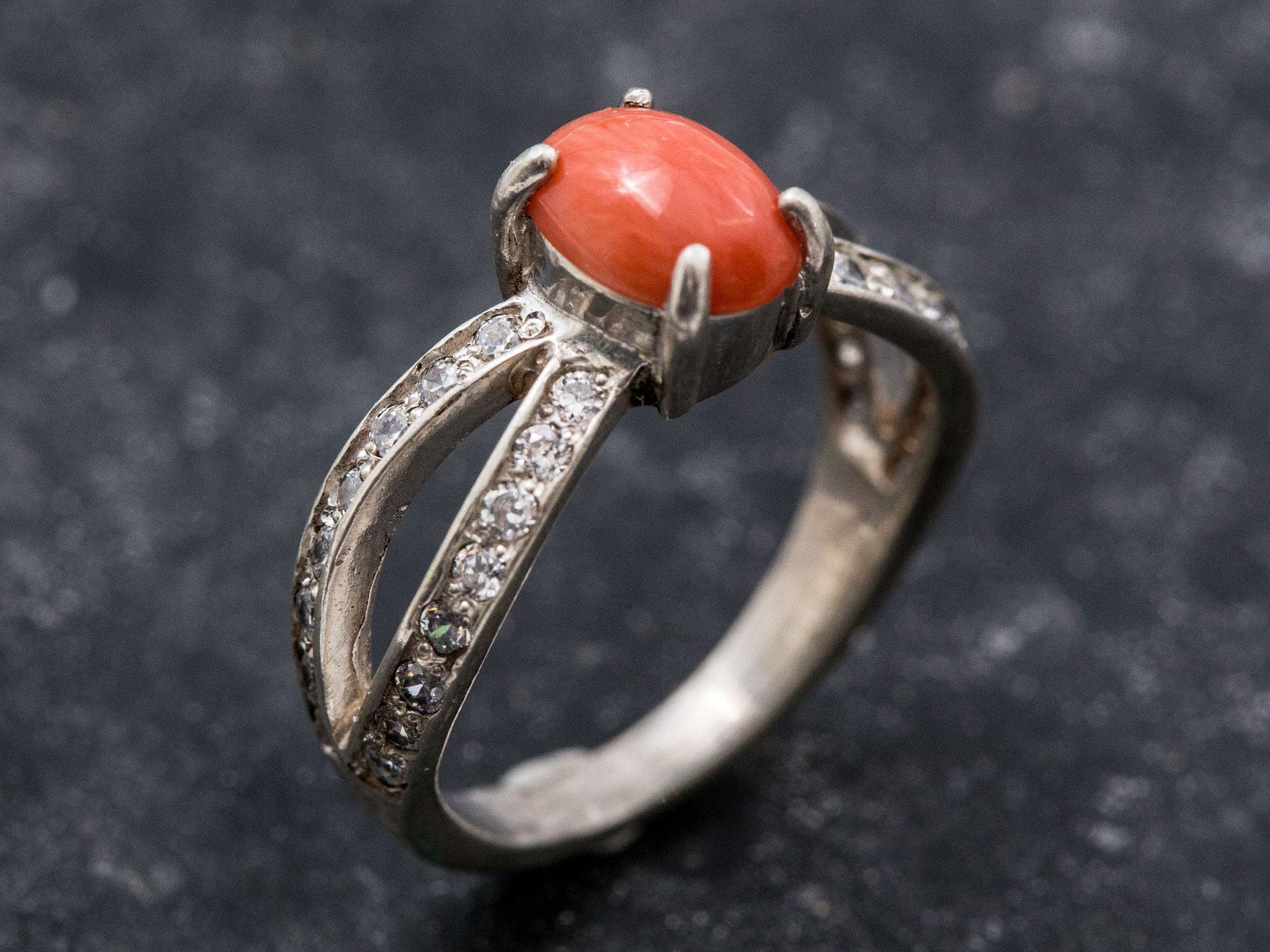 Twin Red Coral & Diamond Ring 18K Yellow Gold