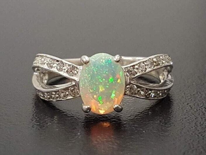 Fire Opal Ring, Engagement Ring Ethiopian Opal, Solid Silver