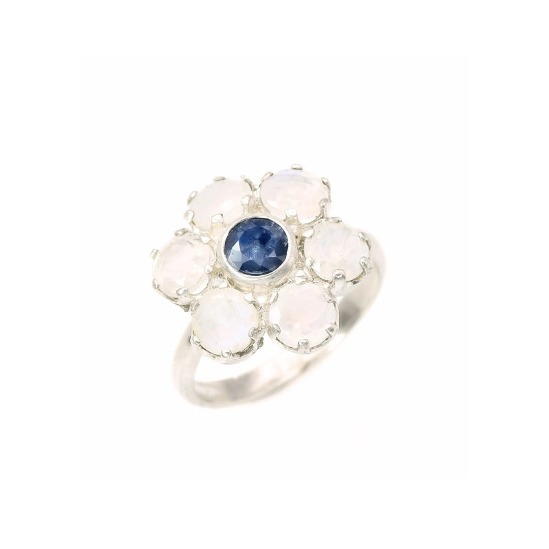 Daisy Ring, Moonstone Flower Ring, store Sapphire Ring, Natural Sapphire, Natural Moonstone, Flower Ring, Birthstone Ring, Sterling Silver Ring