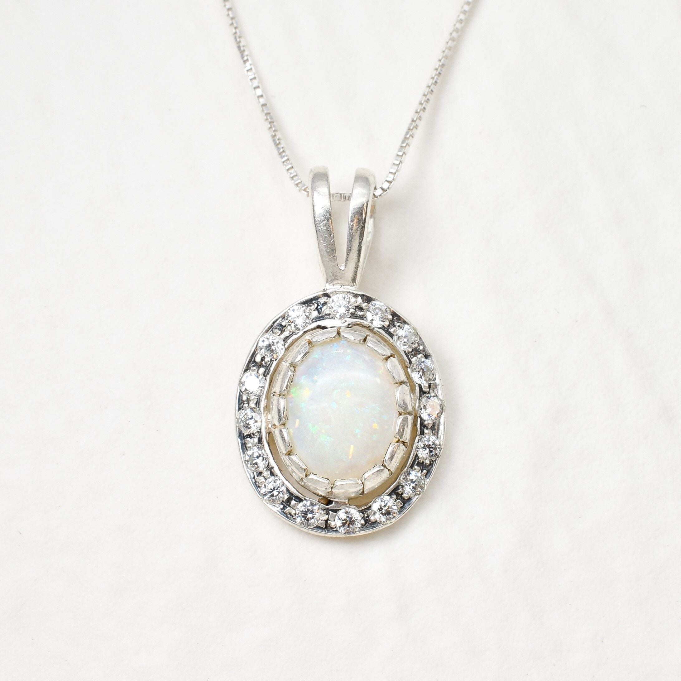 Vintage Opal Necklace Genuine Opal Pendant White Oval Necklace