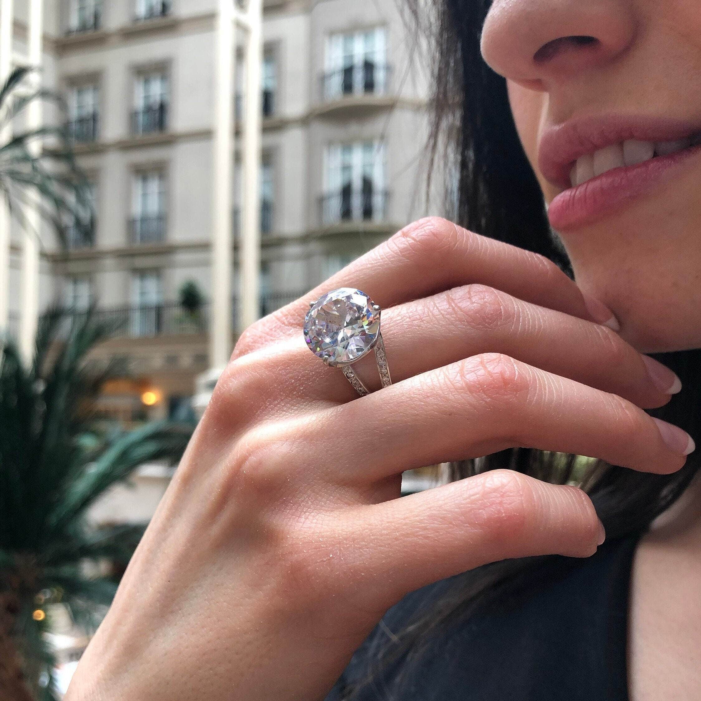 Large Diamond Ring Sparkly Statement Ring Split Shank Ring