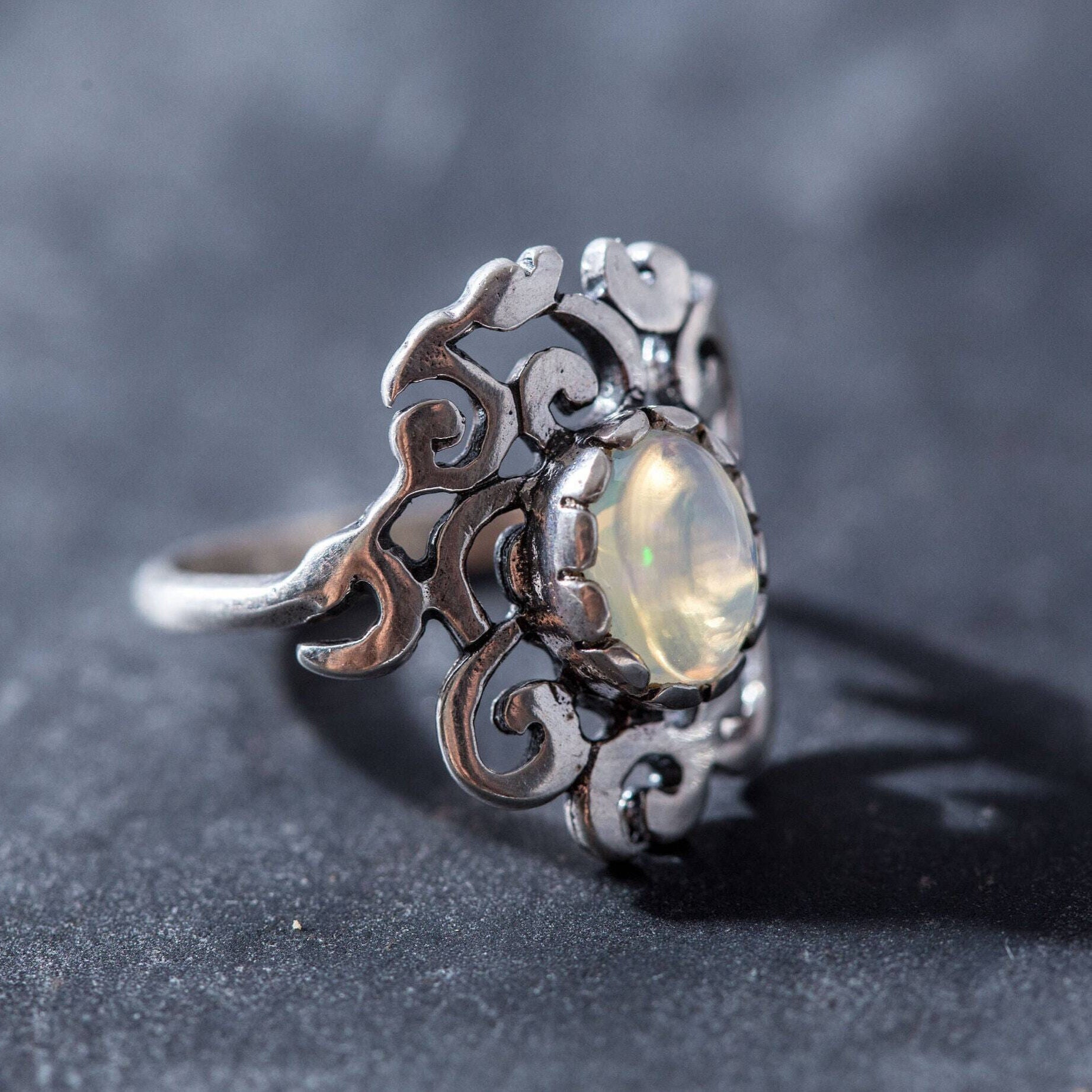 Sterling Silver Opal Filigree Flower Ring Vintage Inspired Opal