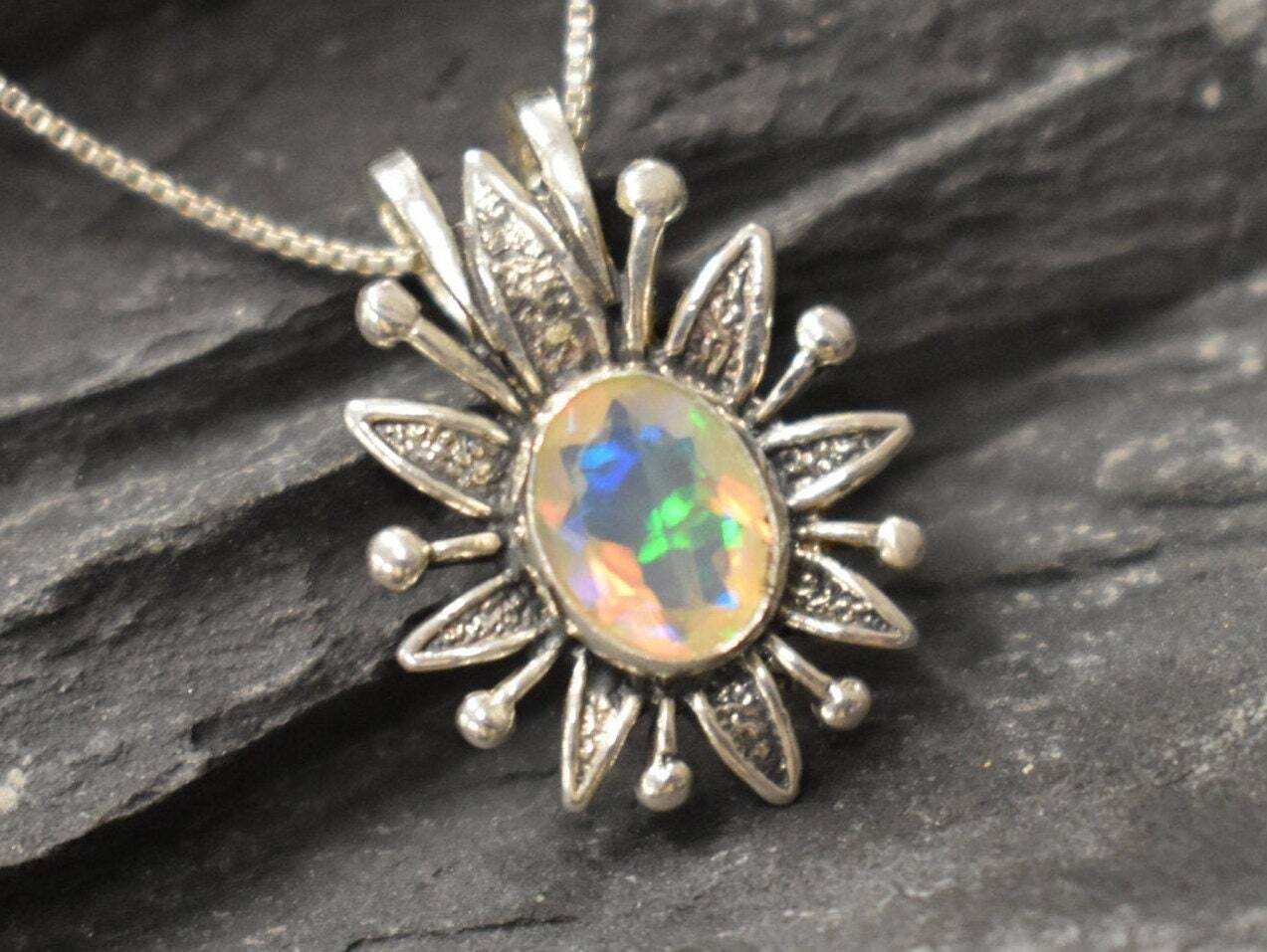 Large Opal Flower Pendant Natural Opal Necklace Vintage
