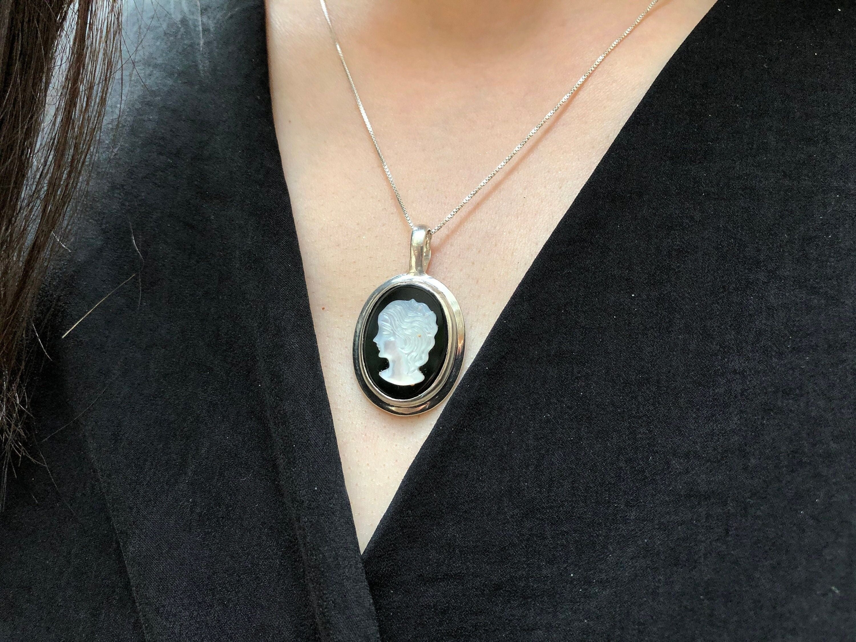 Cameo Necklace, Victorian Lady Black Cameo Pendant, Gold