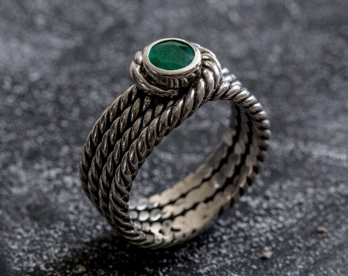 Emerald ring deals silver band