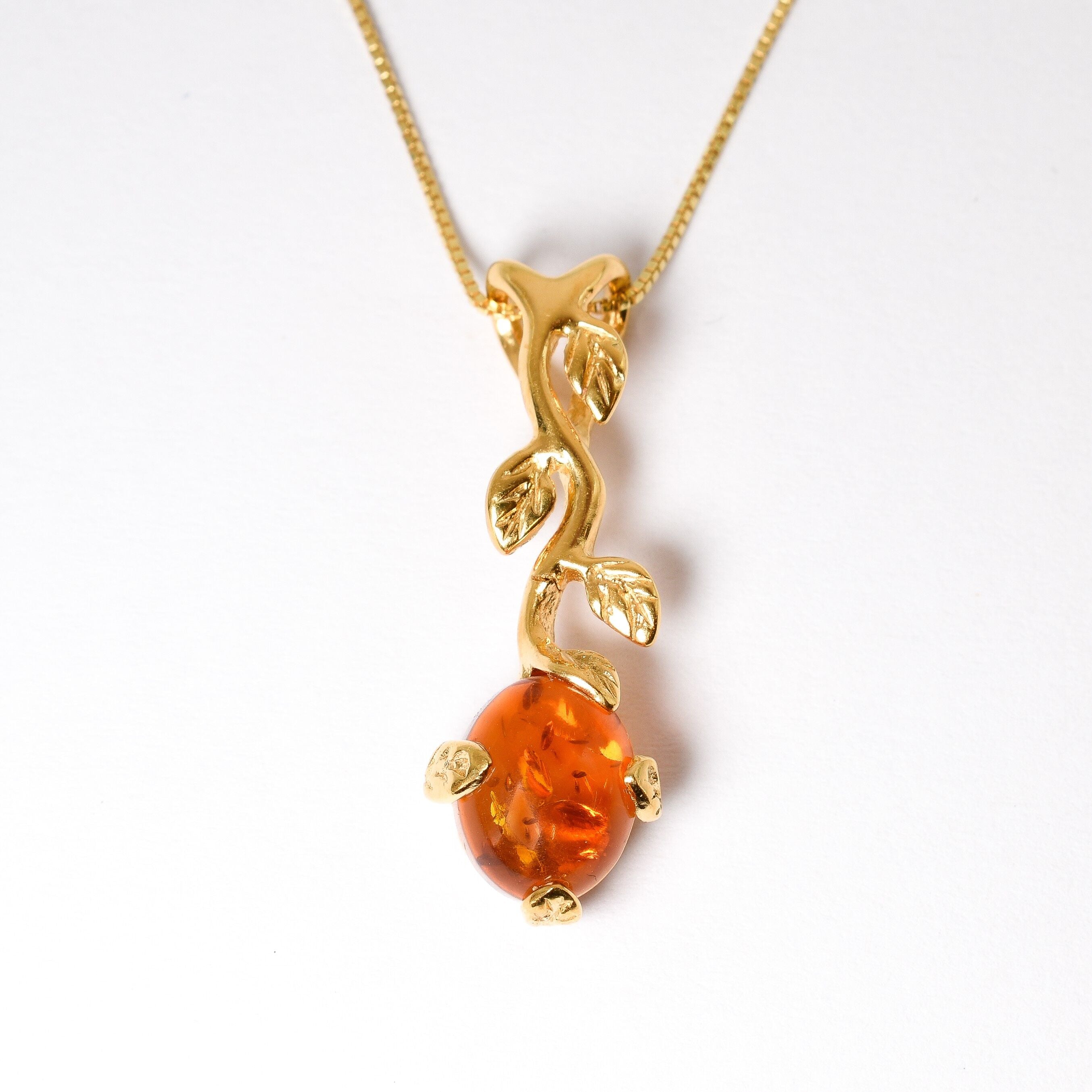 Gold Amber Necklace Natural Amber Pendant Long Branch Necklace