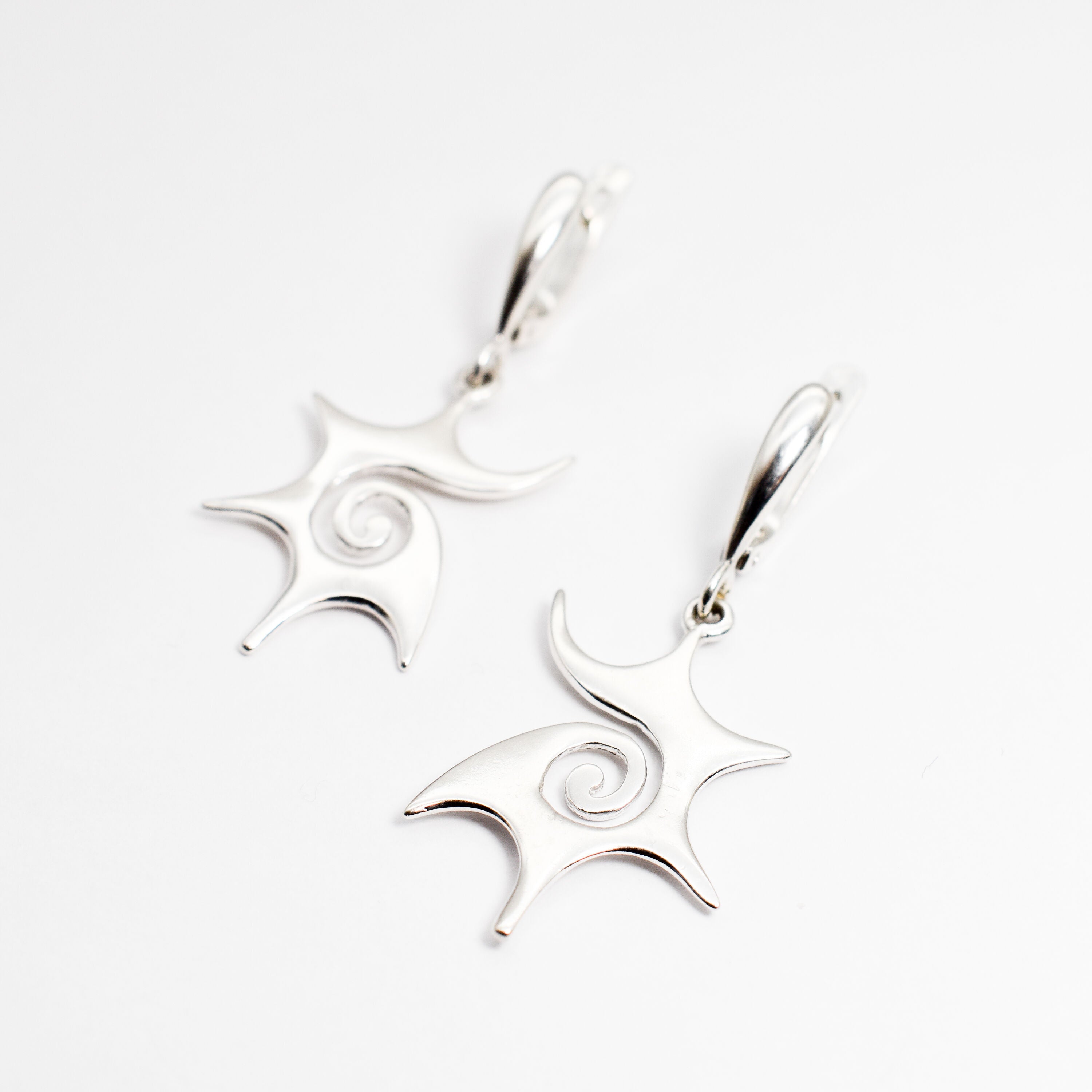 Spiral Sun Earrings, Silver Drop Earrings, Sun Swirl Earrings in White Background