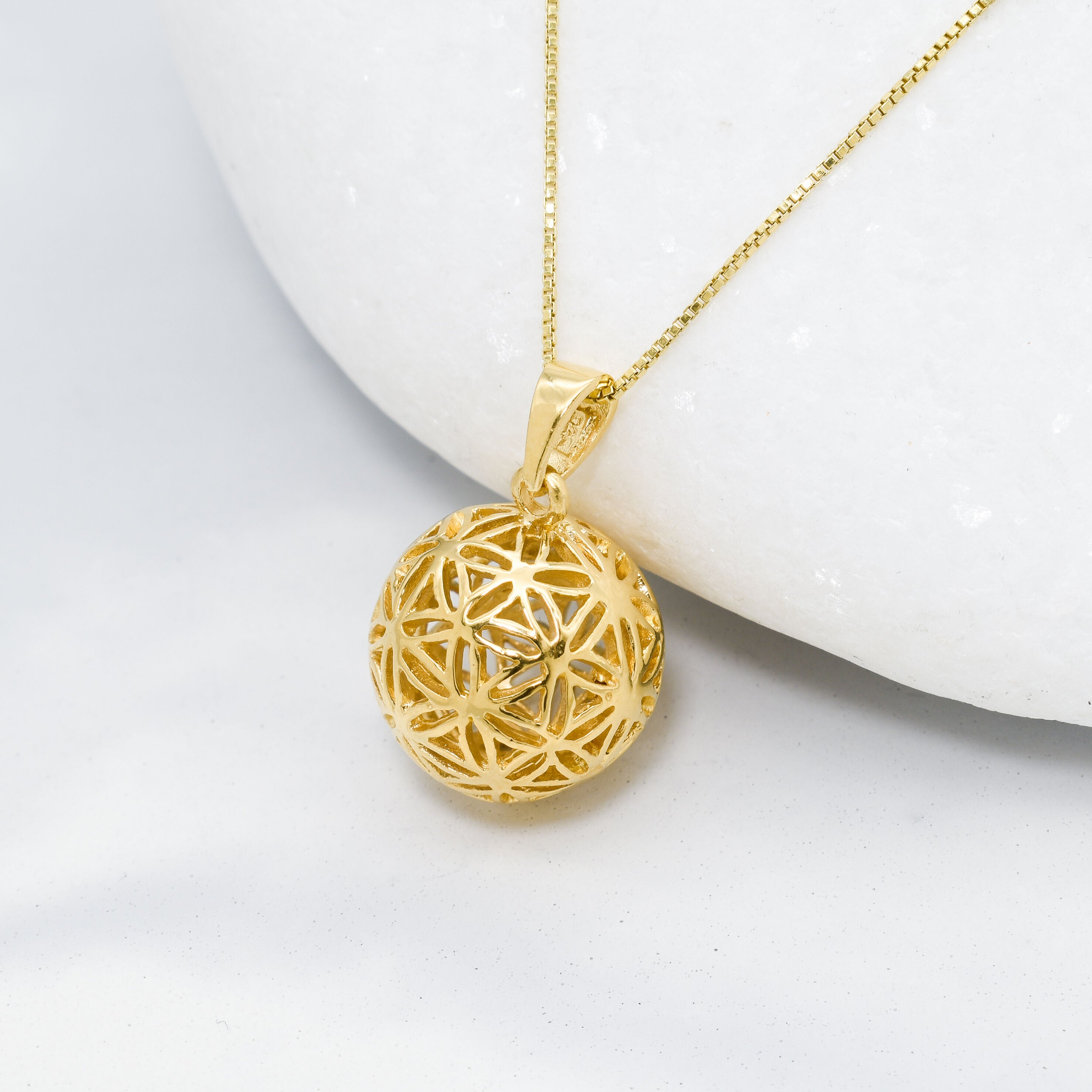 Gold Sphere Pendant - Ornamental Ball Necklace - Flower of Life Necklace made in 18k Gold Vermeil. Ideal for everyday wear and perfect for birthday gifting and special occasions.