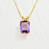 Yellow gold plated necklace with Amethyst February birthstone in radiant cut and prong setting. Purple solitaire necklace ideal for special occasions and birthday gift. Encourages calmness, spiritual growth, and emotional balance.
For peace, clarity, intuition