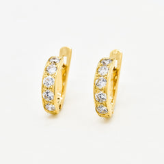 Yellow gold plated earrings with Diamond April birthstone in round cut and prong setting. Huggie earrings ideal for special occasions and personalized gift. Diamond - Symbol of eternal love, purity, and inner strength. For clarity, and abundance
