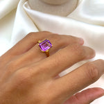 Yellow gold plated ring with natural amethyst February birthstone in emerald cut and prong setting. Bold solitaire ring ideal for anniversary present and birthday gift. For peace, clarity, intuition