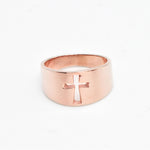 Rose gold plated ring over sterling silver, with cut out cross design. Cross ring ideal for special occasions and personalized gift.
