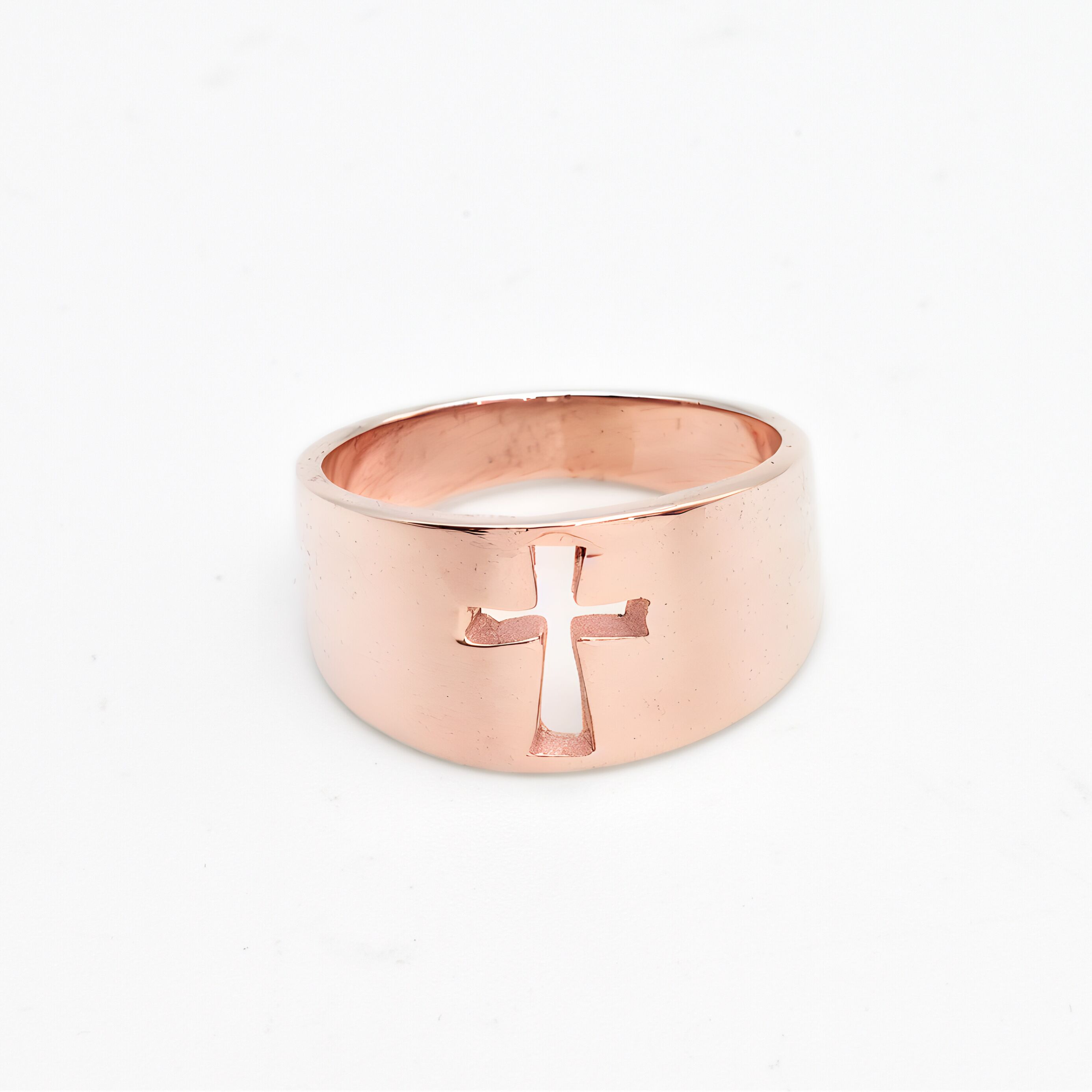 Rose gold plated ring over sterling silver, with cut out cross design. Cross ring ideal for special occasions and personalized gift.

