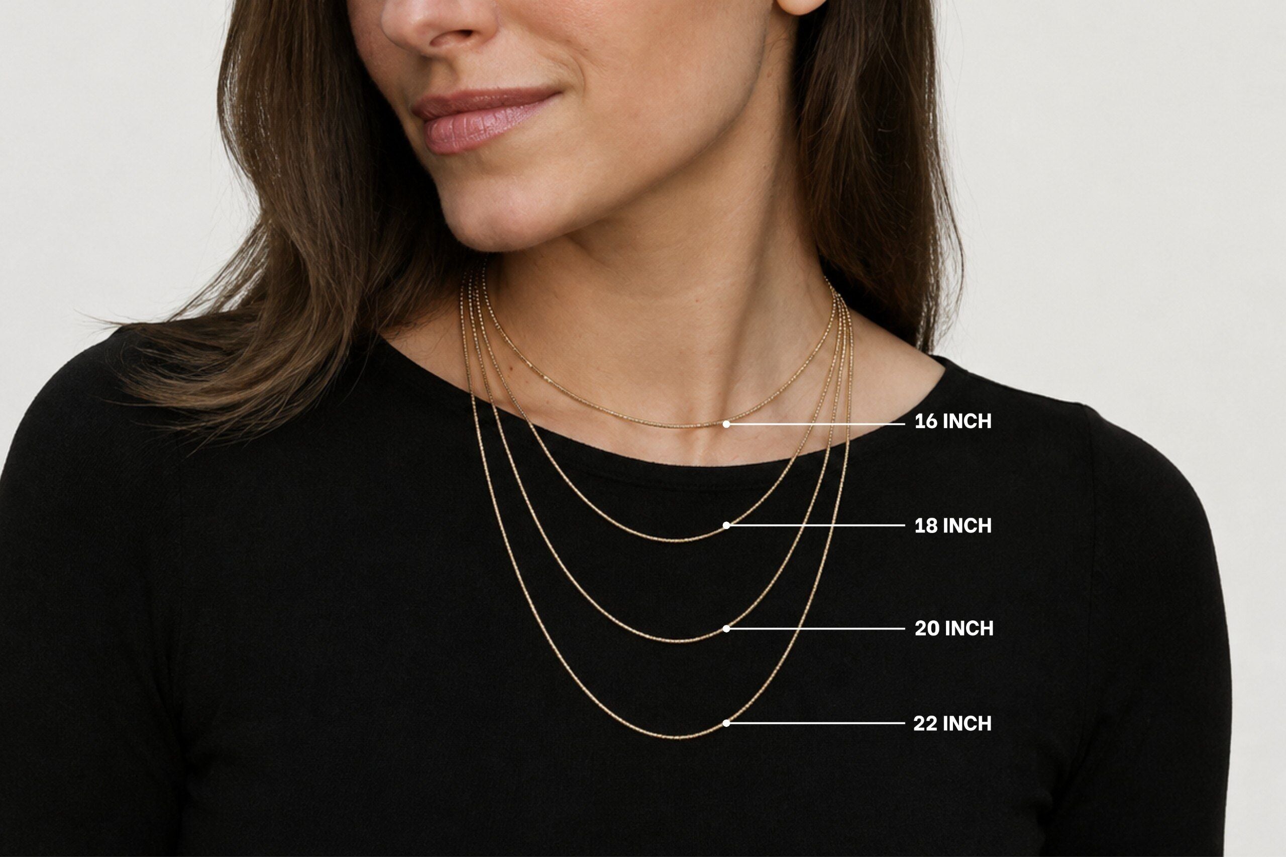 Necklace length guide from 16 inch, 18 inch and 20 inch Adina Stone necklaces, real neck view.