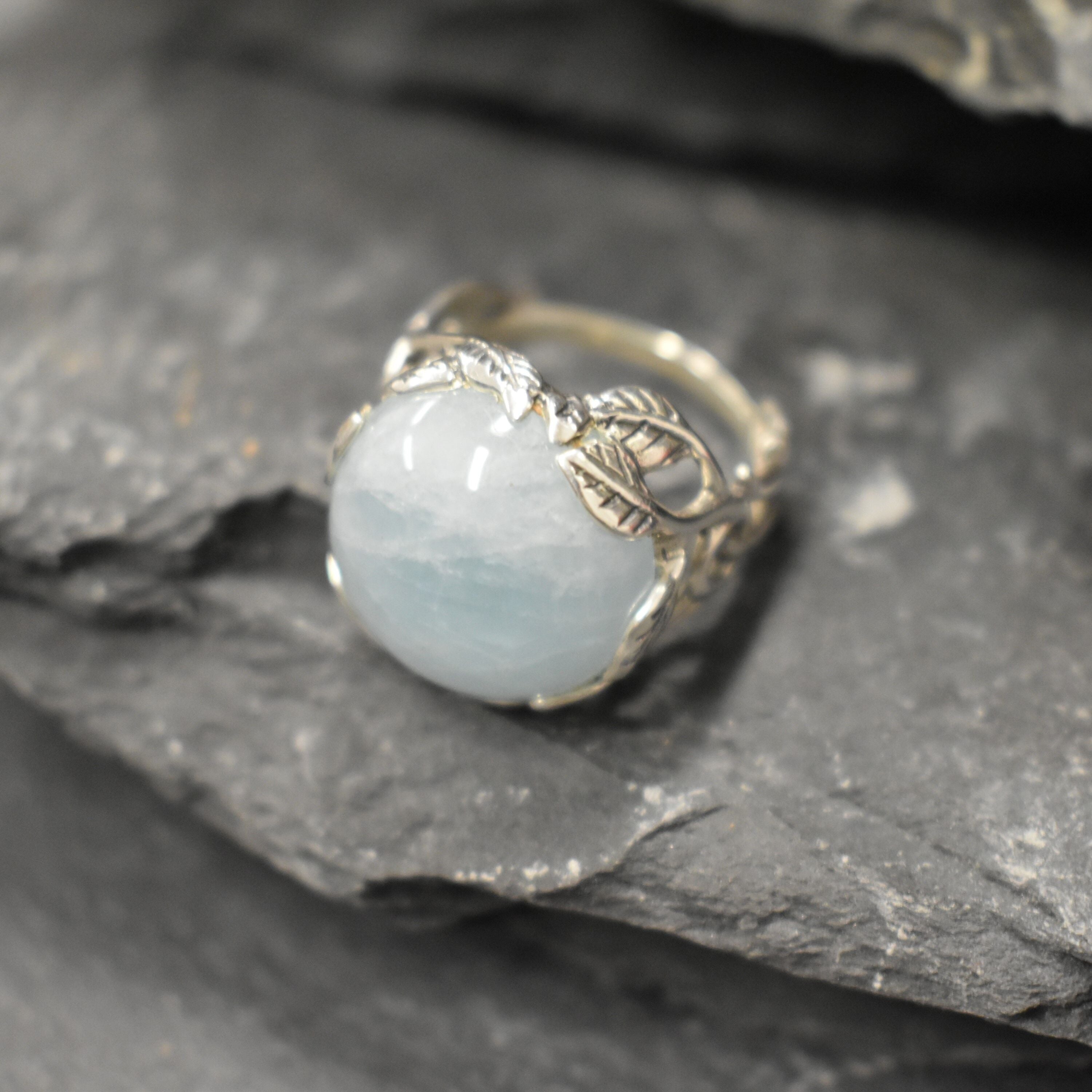 Aquamarine Ring, Natural Aquamarine, Leaf Ring, March Birthstone, Statement Ring, Large Stone Ring, Blue Stone Ring, Solid Silver Ring