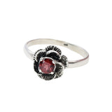 Flower Garnet Ring - Red Rose Ring - Silver Flower Ring