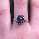 Flower Garnet Ring - Red Rose Ring - Silver Flower Ring