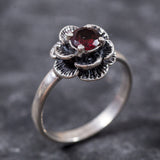 Flower Garnet Ring - Red Rose Ring - Silver Flower Ring