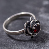 Flower Garnet Ring - Red Rose Ring - Silver Flower Ring