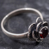 Flower Garnet Ring - Red Rose Ring - Silver Flower Ring