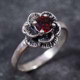 Flower Garnet Ring - Red Rose Ring - Silver Flower Ring