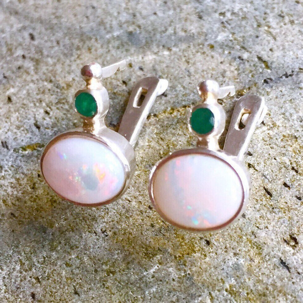 Opal Earrings, Natural Opal Earrings, Australian Opal, Vintage Earrings, Stud Earrings, October Birthstone, 925 Silver Earrings, Emerald