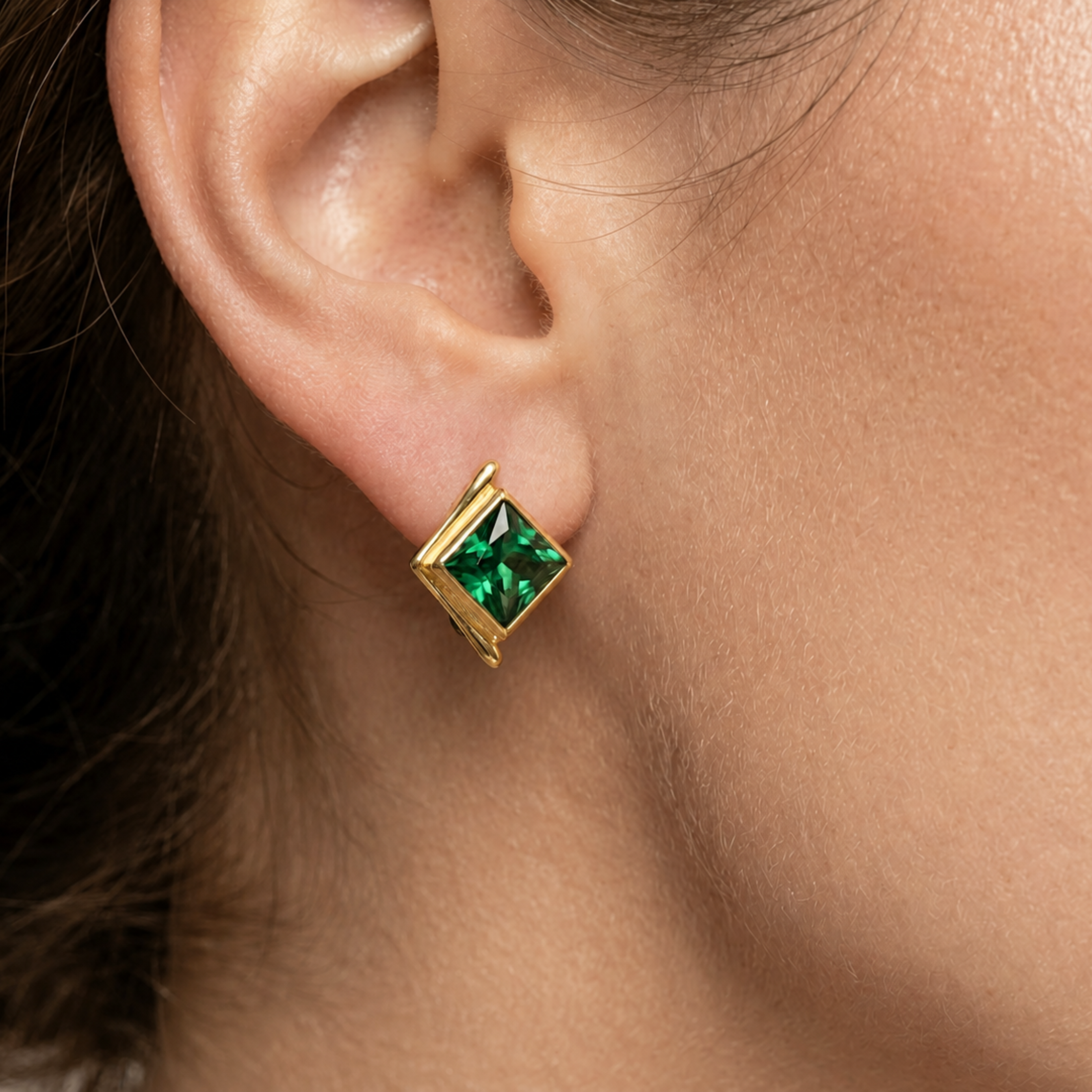 18k Gold Vermeil Emerald Earrings with square green stone, perfect for May birthdays and special occasions. Ideal for daily wear.