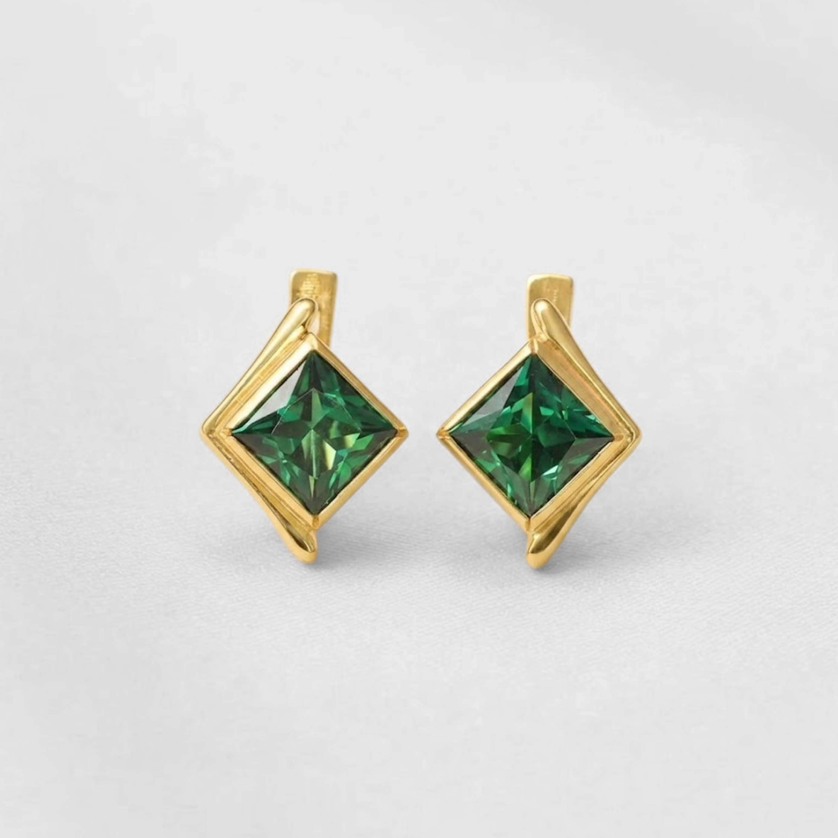 Created Emerald Earrings made in 18k Gold Vermeil with Square Created Green Emerald in Bezel setting, May Birthstone gift idea, symbolizes, ideal for everyday wear and perfect for birthday gifting and special occasions.