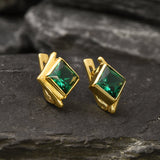 Gold Emerald Earrings - Created Emerald, Green Square Studs