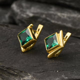 Gold Emerald Earrings - Created Emerald, Green Square Studs