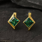 Gold Emerald Earrings - Created Emerald, Green Square Studs