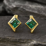 Gold Emerald Earrings - Created Emerald, Green Square Studs