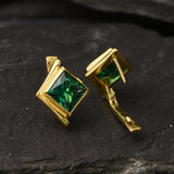 Gold Emerald Earrings - Created Emerald, Green Square Studs