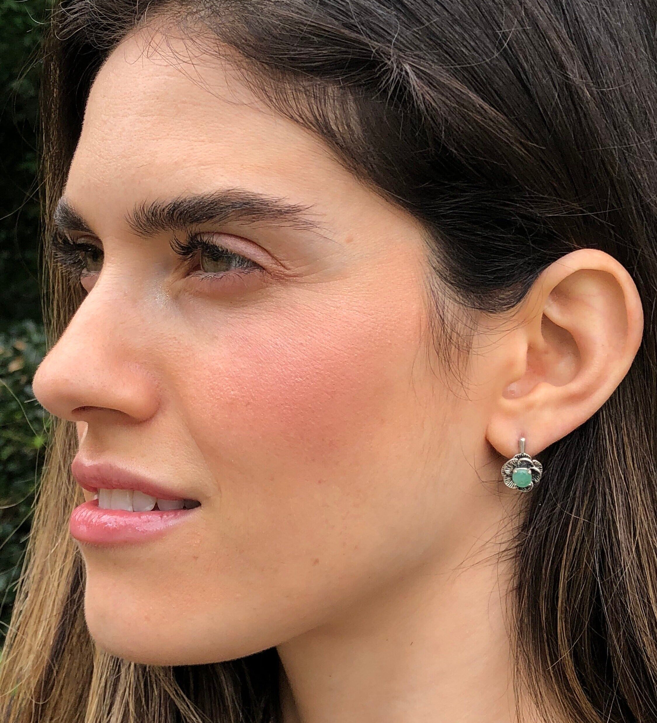 Flower Earrings, Chrysoprase Earrings, Chrysoprase, Solid Silver Earrings, Flower Studs, Green Stone Earrings, Vintage Earrings