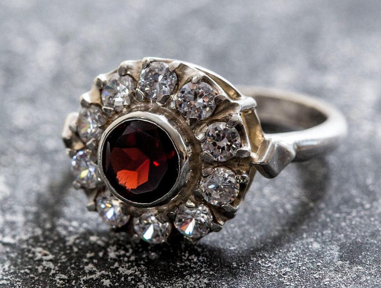 Garnet Ring, Natural Garnet, CZ Diamonds, Victorian Ring, January Birthstone, Vintage Ring, Vintage Garnet Ring, Vintage Silver Ring