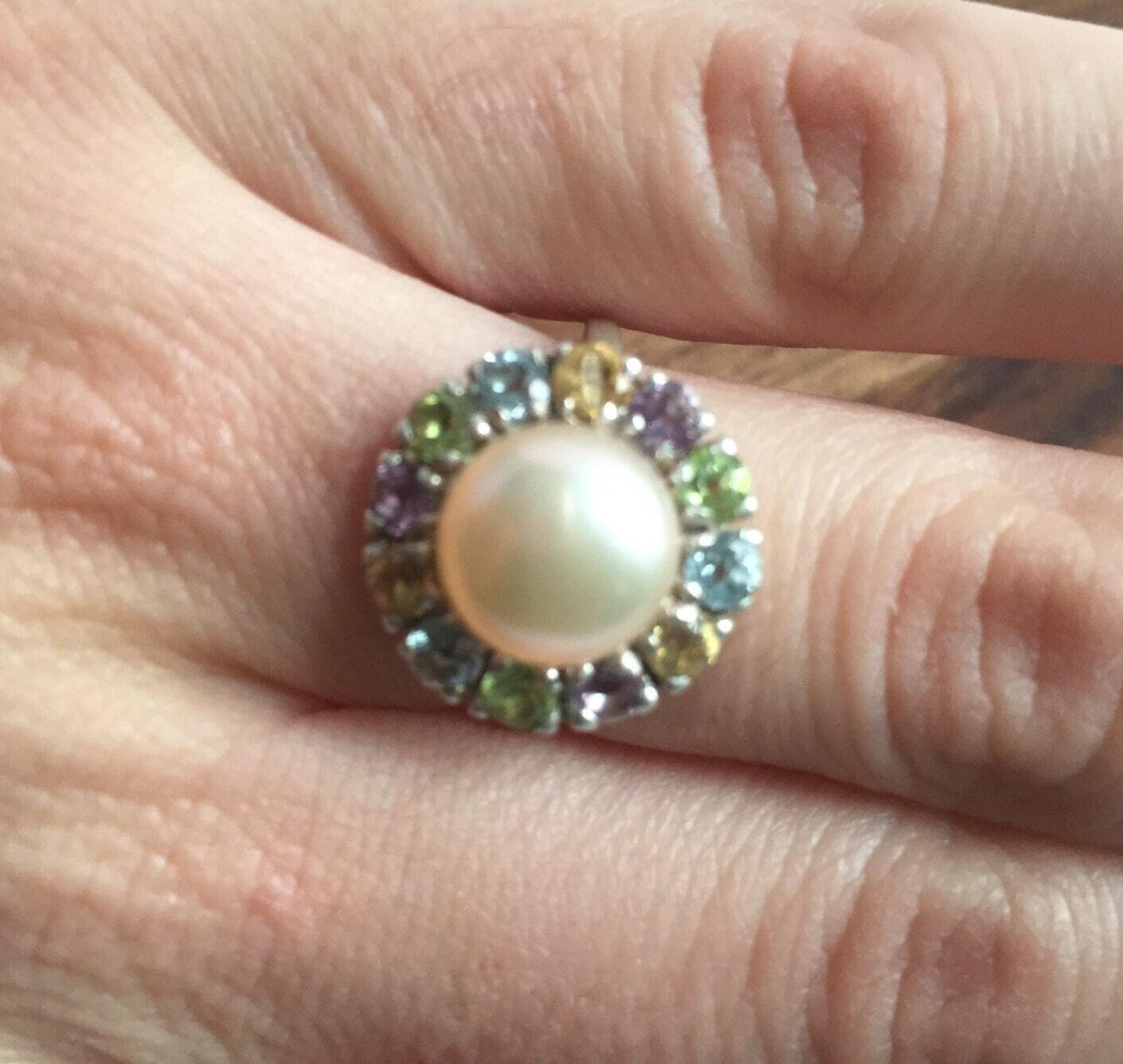 Beige Pearl Ring, Birthstone Ring, Natural Pearl, Topaz Ring, August Birthstone, February Birthstone, June Birthstone, Pure Silver, For Mom