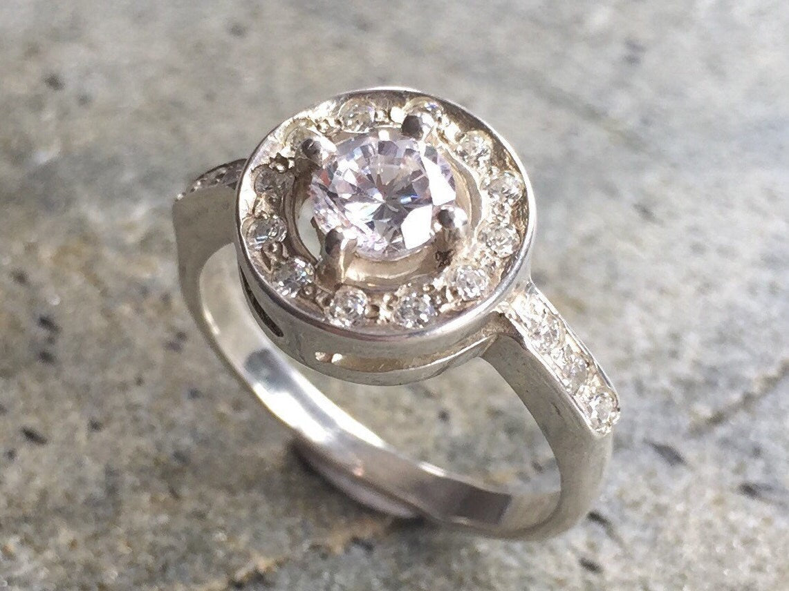 Engagement Ring, Created Diamond, Silver Proposal Ring, Promise Ring, Dainty Ring, Round Cluster Ring, 1 Carat Ring, Sterling Silver Ring