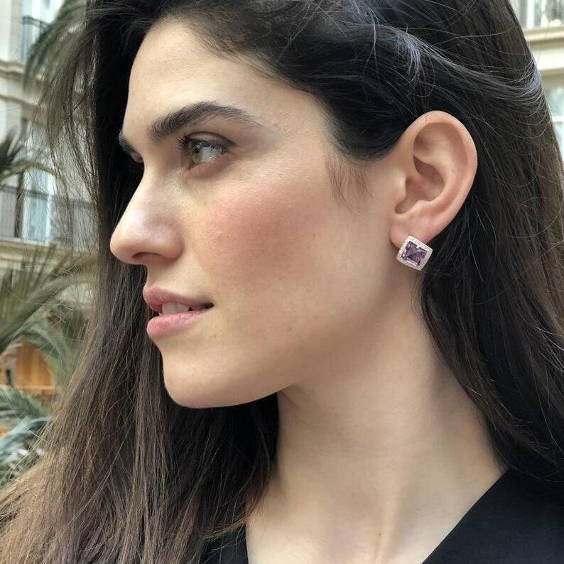 Mystic Topaz Earrings, Square Studs, Natural Mystic Topaz, December Birthstone, Vintage Earrings, Antique Princess Studs, Silver Earrings