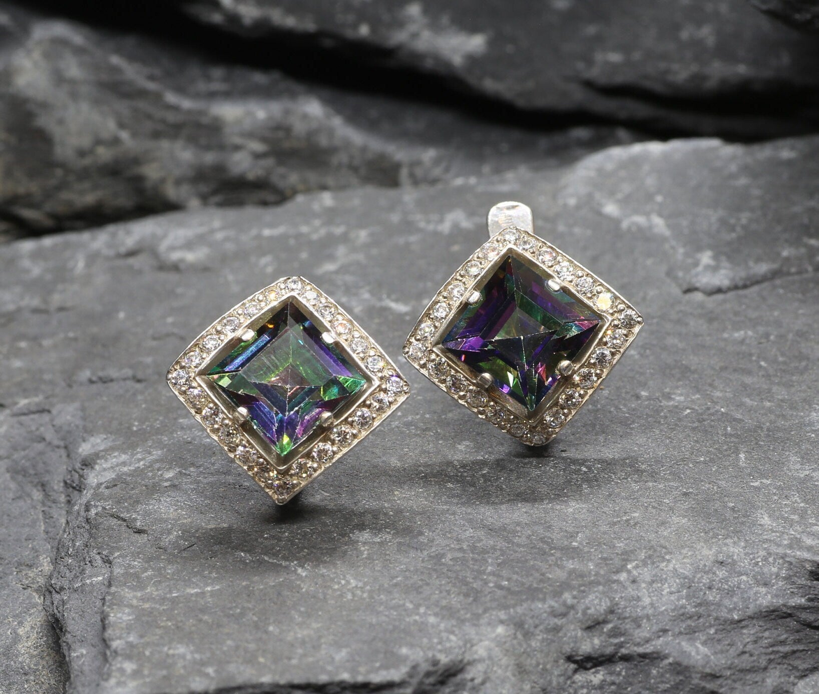 Mystic Topaz Earrings, Square Studs, Natural Mystic Topaz, December Birthstone, Vintage Earrings, Antique Princess Studs, Silver Earrings