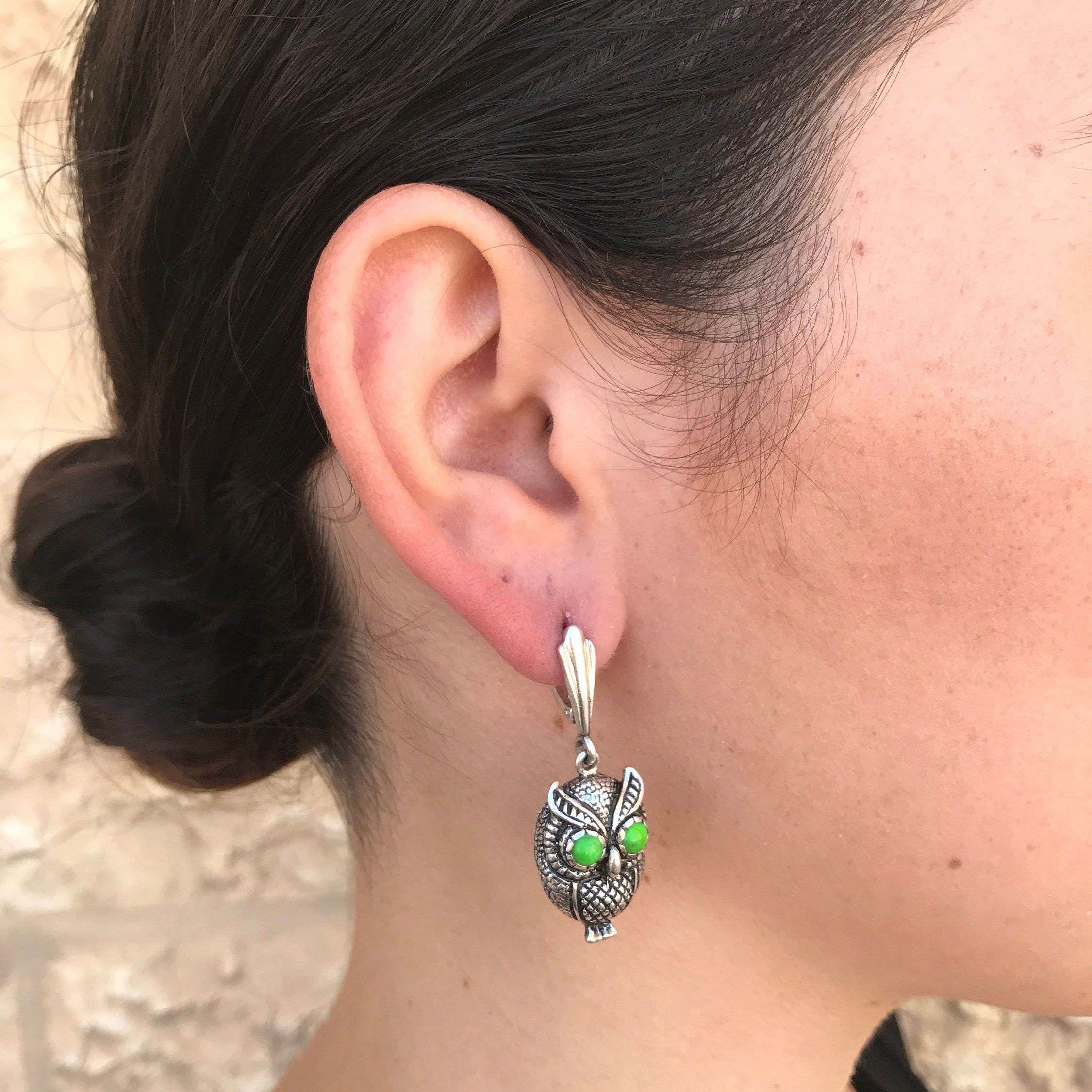 Owl Earrings, Silver Owl Earrings, Garnet Earrings, Artistic Earrings, Garnet Eyes, Natural Garnet, January Birthstone, Silver Earrings