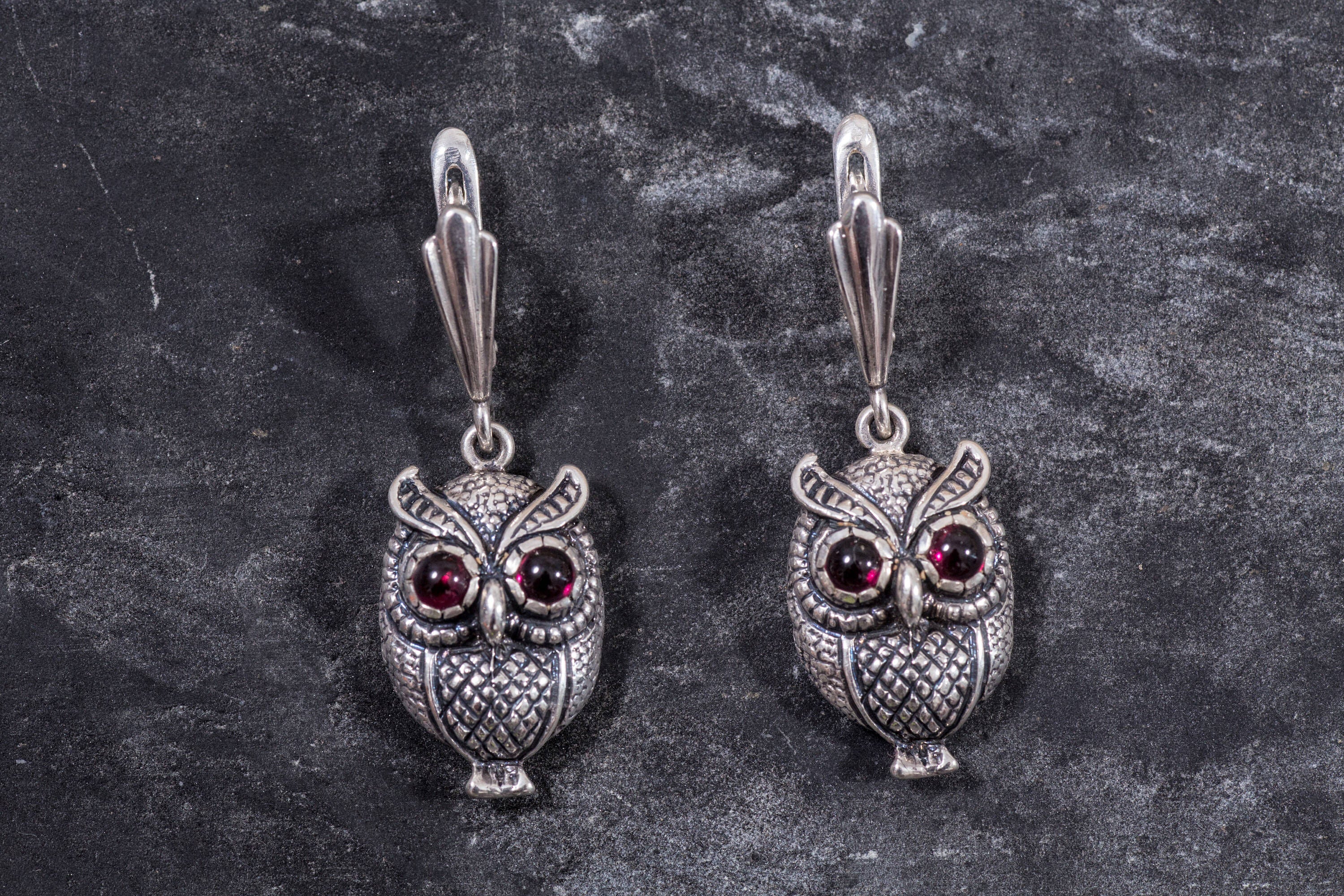 Owl Earrings, Silver Owl Earrings, Garnet Earrings, Artistic Earrings, Garnet Eyes, Natural Garnet, January Birthstone, Silver Earrings