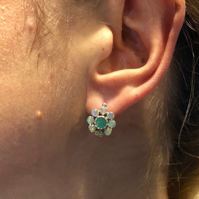 Flower Earrings, Opal Earrings, Chrysoprase Earrings, May Earrings, Vintage Flower Earrings, Opal Studs, October Birthstone, Silver Earrings