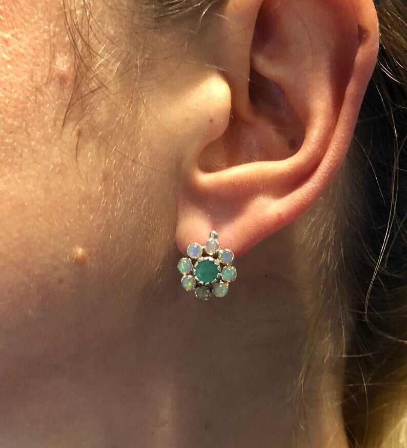 Flower Earrings, Opal Earrings, Chrysoprase Earrings, May Earrings, Vintage Flower Earrings, Opal Studs, October Birthstone, Silver Earrings