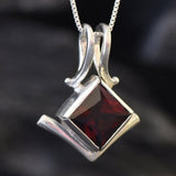 Square Garnet Pendant - Natural Garnet Necklace - Red Square Pendant