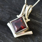 Square Garnet Pendant - Natural Garnet Necklace - Red Square Pendant