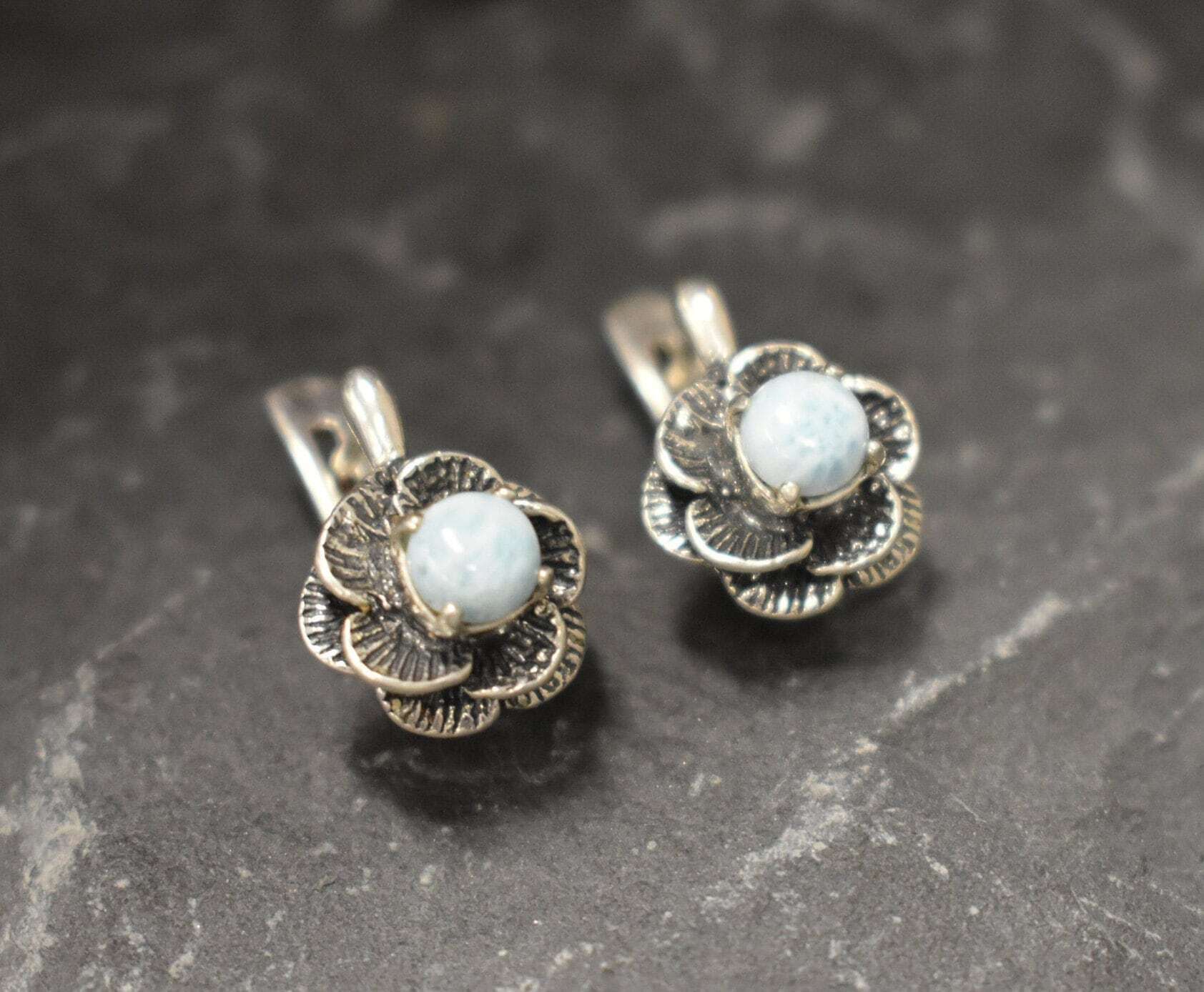 Larimar Earrings, Natural Larimar, March Birthstone, Flower Earrings, Vintage Flower Earrings, Blue Flower Earrings, Solid Silver Earrings