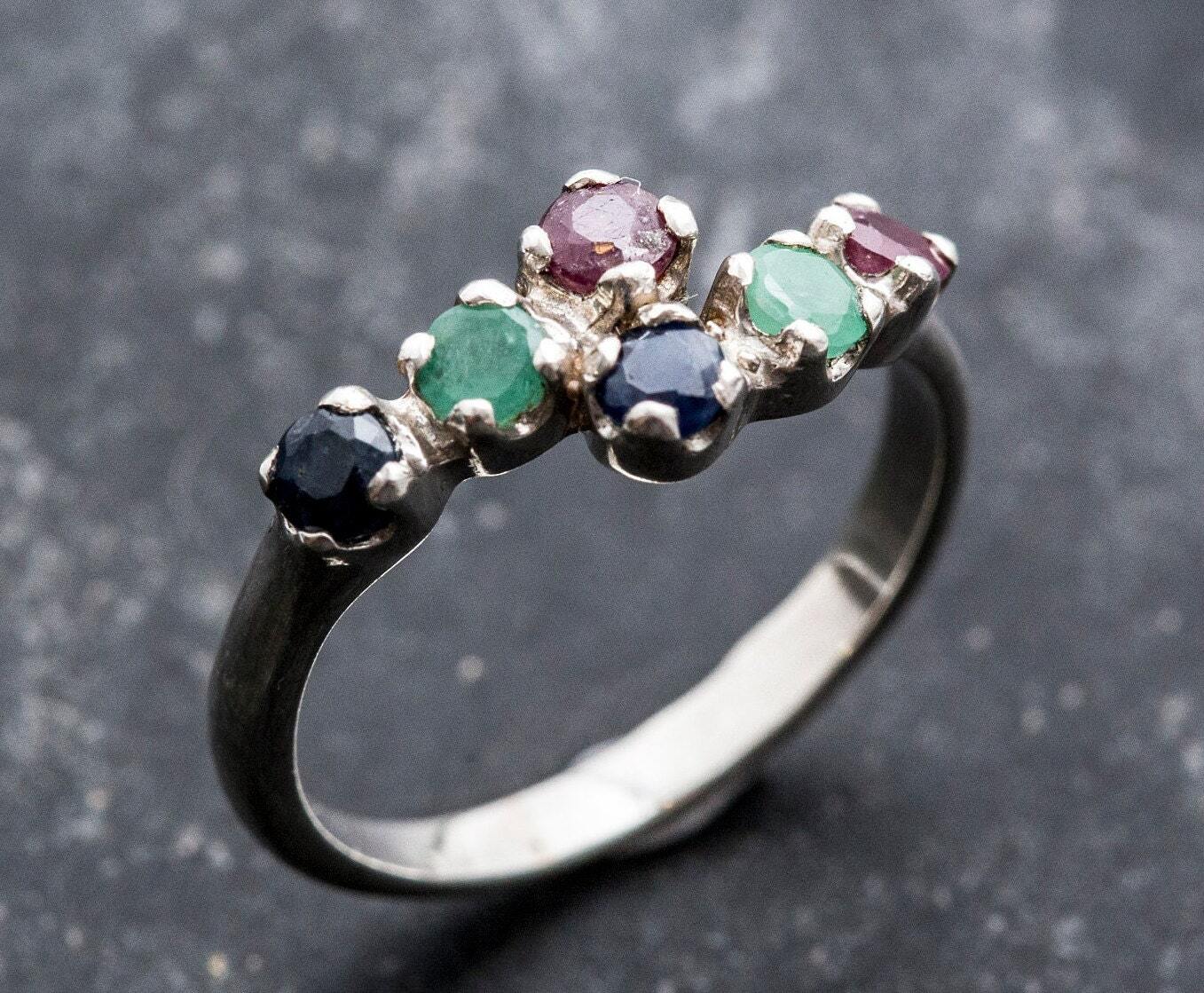 Multistone Ring, Emerald Ring, Sapphire Ring, Ruby Ring, Birthstone Ring, Promise Ring, Solid Silver Ring, Vintage Rings, Stackable Ring