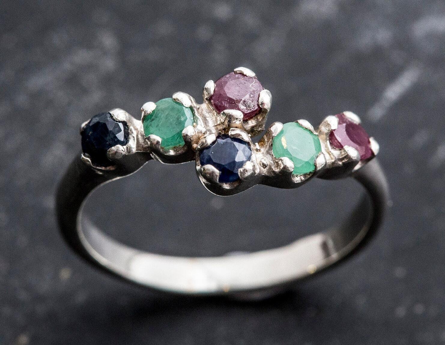 Multistone Ring, Emerald Ring, Sapphire Ring, Ruby Ring, Birthstone Ring, Promise Ring, Solid Silver Ring, Vintage Rings, Stackable Ring