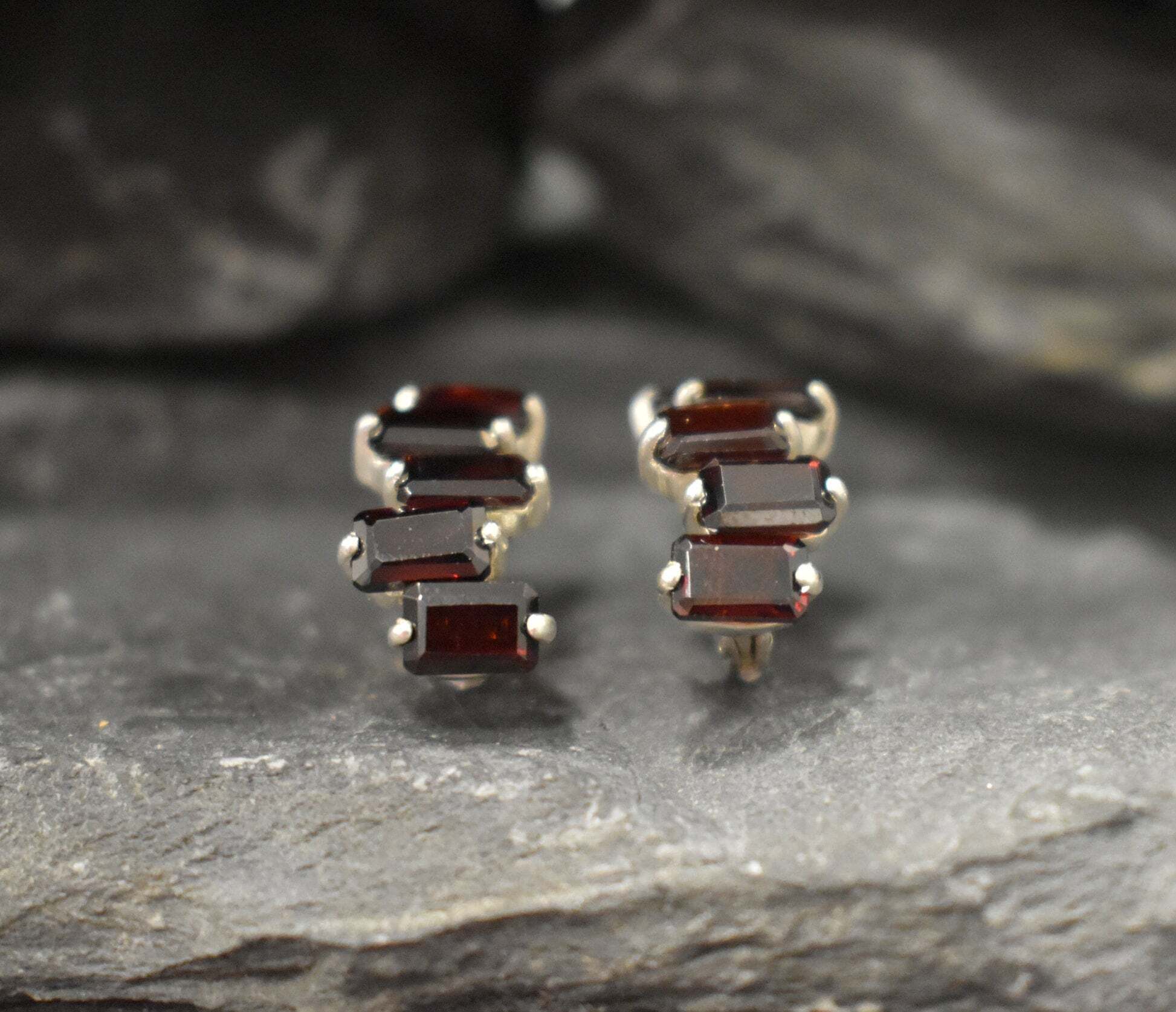 Garnet Earrings, Baguette Studs, January Birthstone, Half Hoops, Baguette Earrings, Red Earrings, Emerald Cut Studs, Solid Silver Earrings