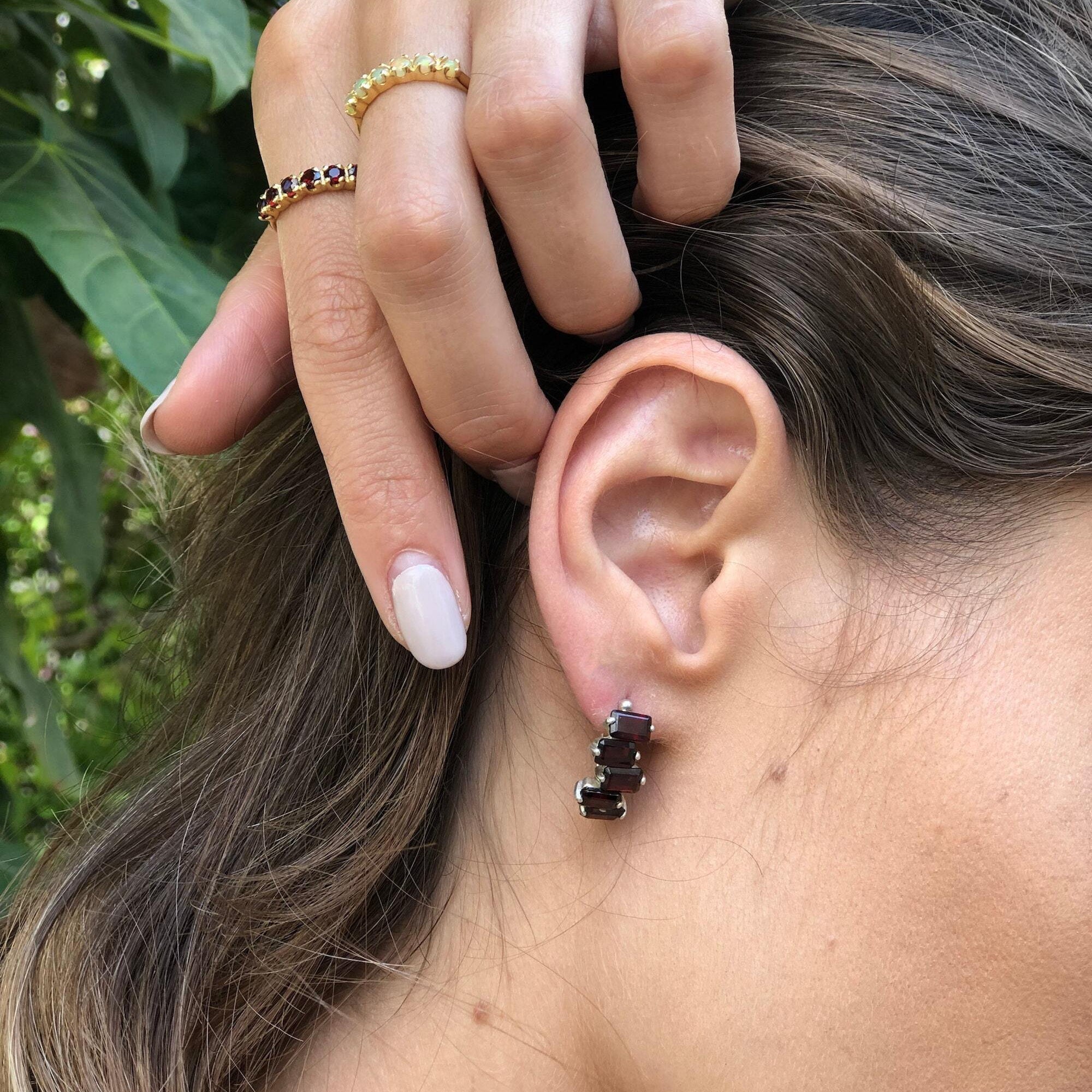 Garnet Earrings, Baguette Studs, January Birthstone, Half Hoops, Baguette Earrings, Red Earrings, Emerald Cut Studs, Solid Silver Earrings